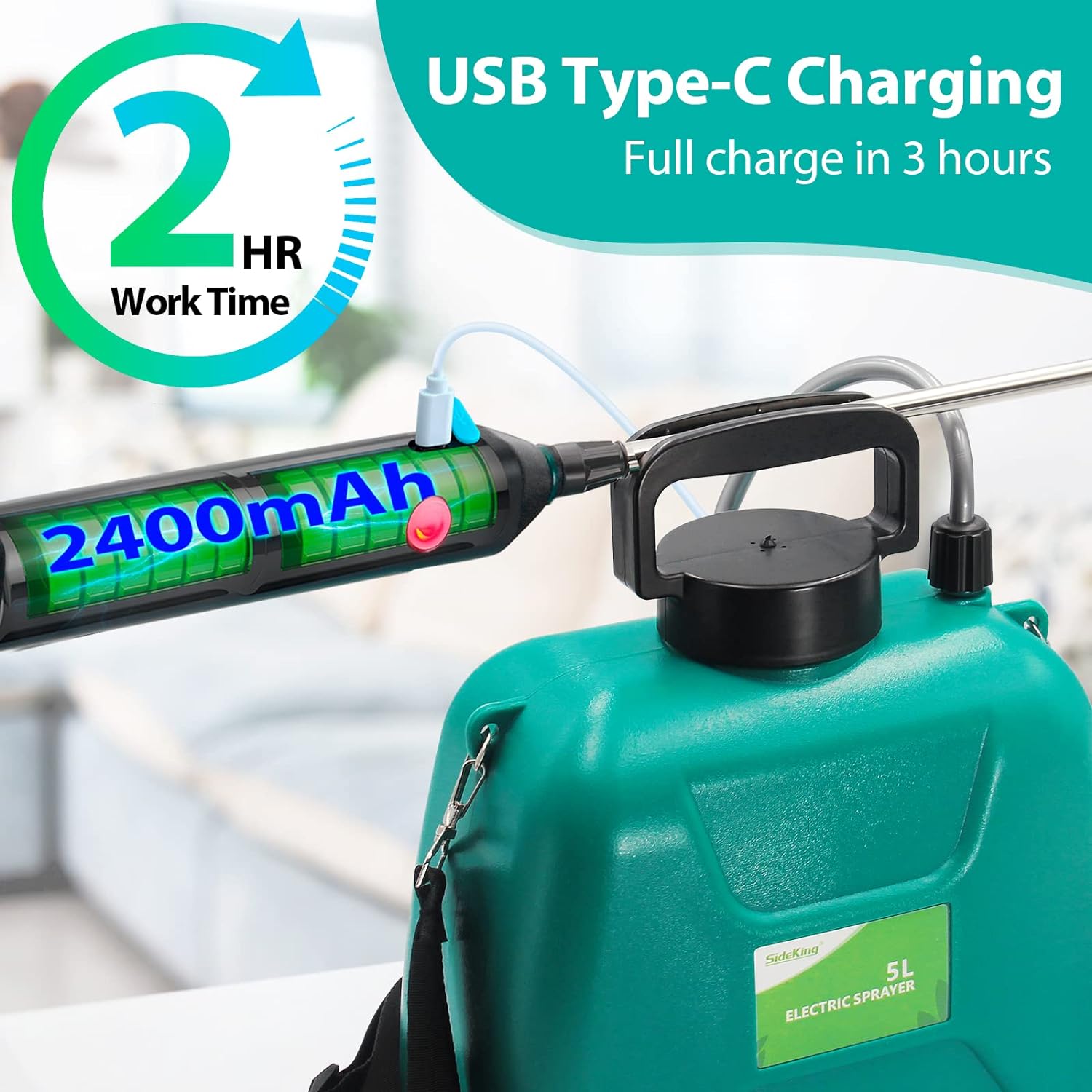 FOGGSTER 5L Battery Powered Sprayer w/ Shoulder Strap | USB Rechargeable Electric Sprayer Handle with 3 Mist Nozzles
